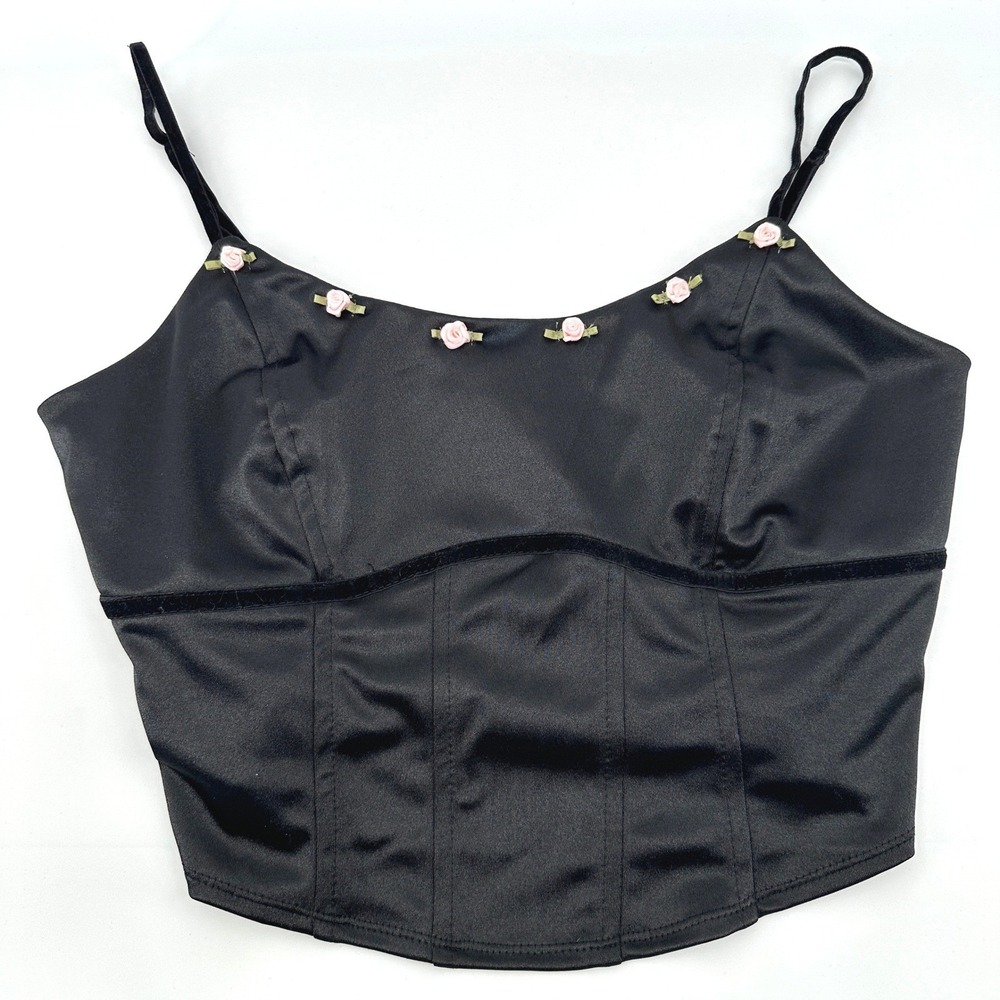 Womens Coquette Satin Corset Top M Smoked Back Black Rose Dark Romantic Y2K Vamp